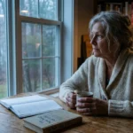 A woman in a cardigan sits at her kitchen table looking out the window at dawn, reflecting on her empty retirement calendar.