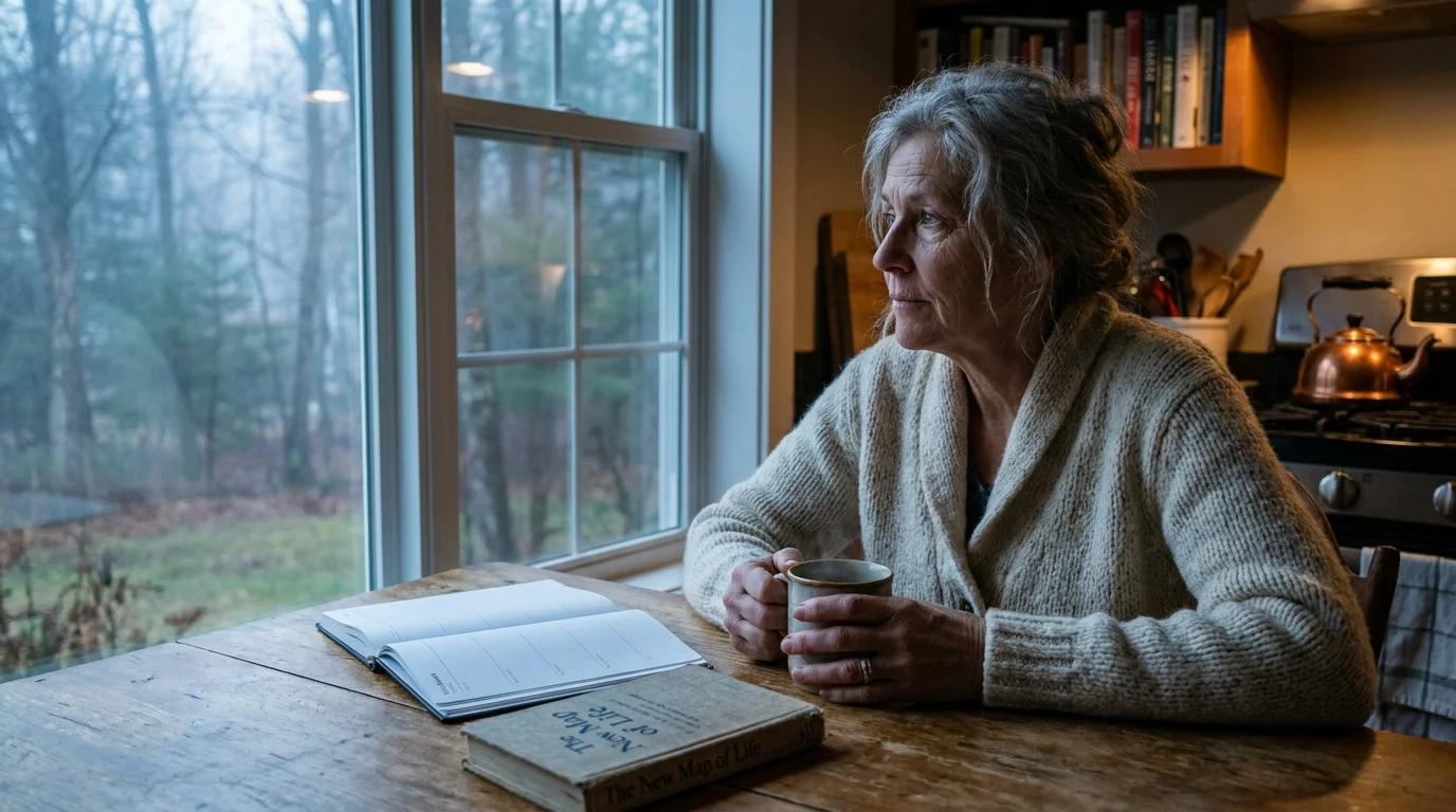 A woman in a cardigan sits at her kitchen table looking out the window at dawn, reflecting on her empty retirement calendar.