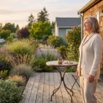 A woman in her 60s enjoys a quiet moment on the deck of her smaller, modern cottage home during a sunny afternoon.