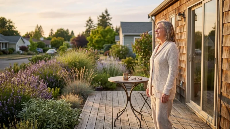 A woman in her 60s enjoys a quiet moment on the deck of her smaller, modern cottage home during a sunny afternoon.