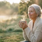 A woman in her 60s enjoys a quiet morning on her deck, representing the peace and health benefits of retirement.