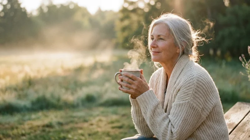 A woman in her 60s enjoys a quiet morning on her deck, representing the peace and health benefits of retirement.
