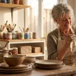 A woman in her 60s painting ceramic pottery in a sunlit home studio, surrounded by finished artistic pieces.