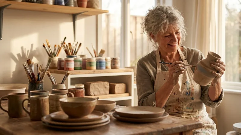 A woman in her 60s painting ceramic pottery in a sunlit home studio, surrounded by finished artistic pieces.