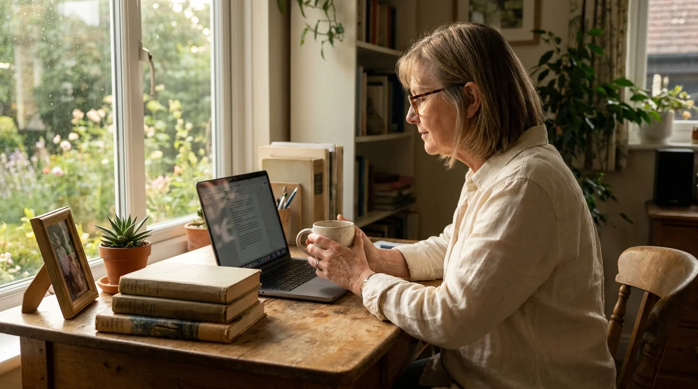 A woman in her 60s working comfortably on a laptop in her bright home office, illustrating a phased retirement.