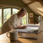 A woman in her 60s working on architectural plans in a bright, modern home studio, illustrating a retirement career pivot.