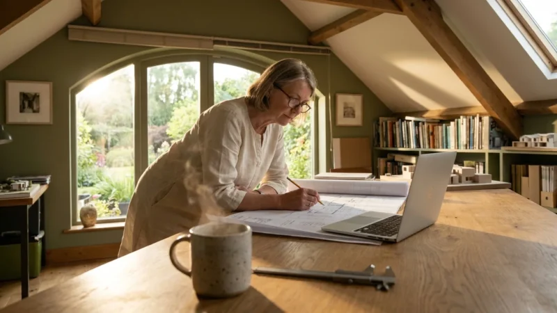 A woman in her 60s working on architectural plans in a bright, modern home studio, illustrating a retirement career pivot.