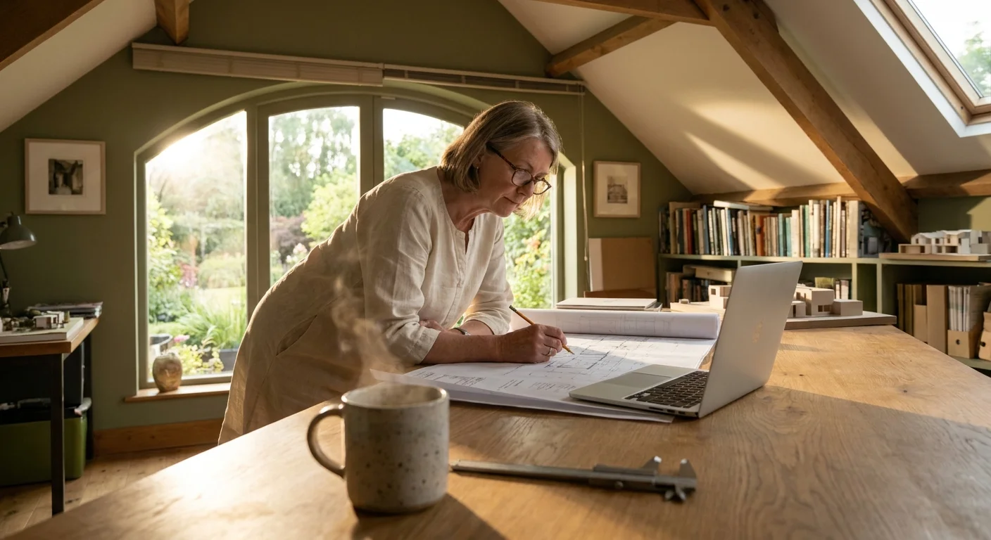 A woman in her 60s working on architectural plans in a bright, modern home studio, illustrating a retirement career pivot.