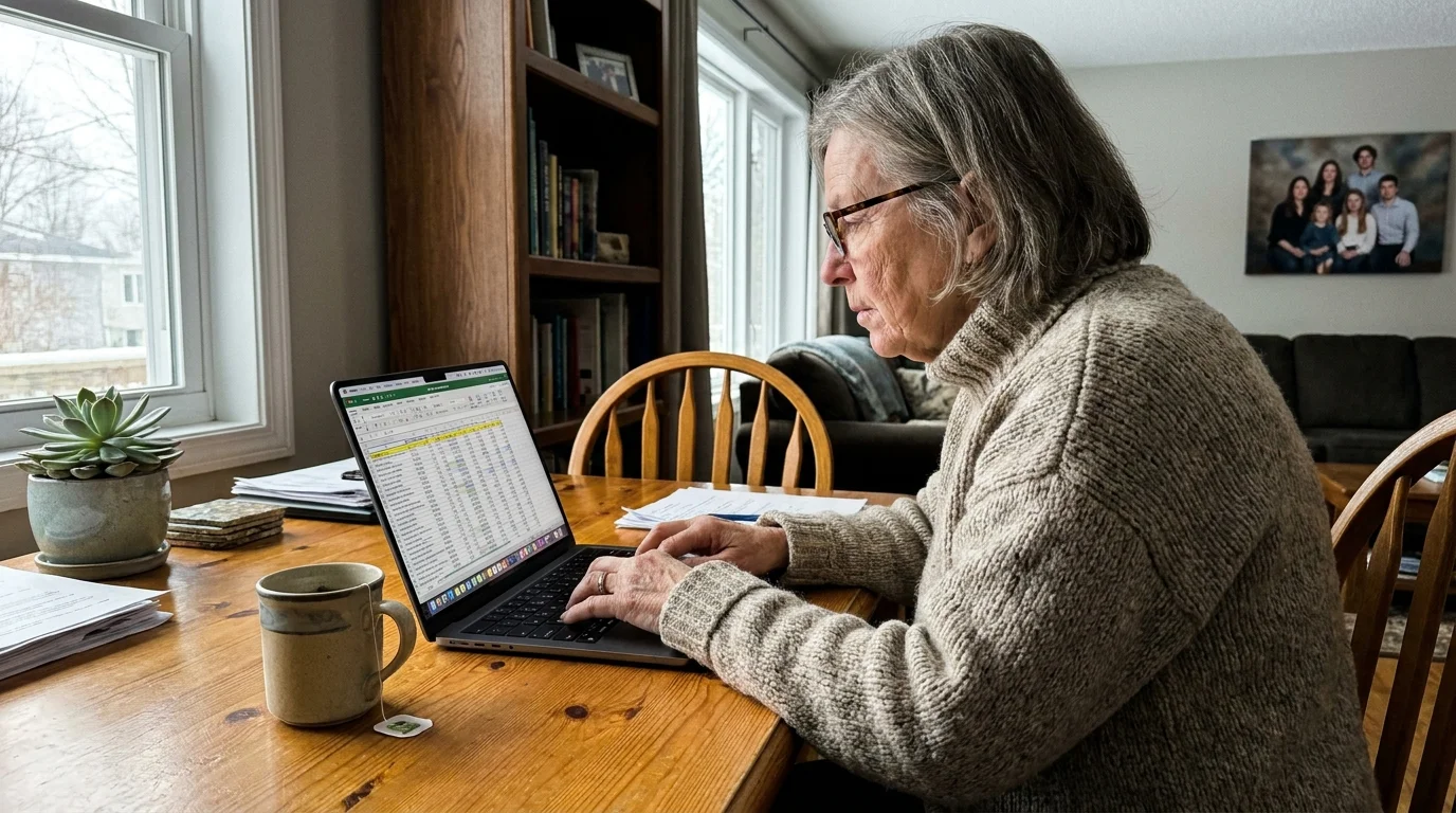 A woman in her 70s at a laptop on her kitchen table, focused on a spreadsheet in a home setting.