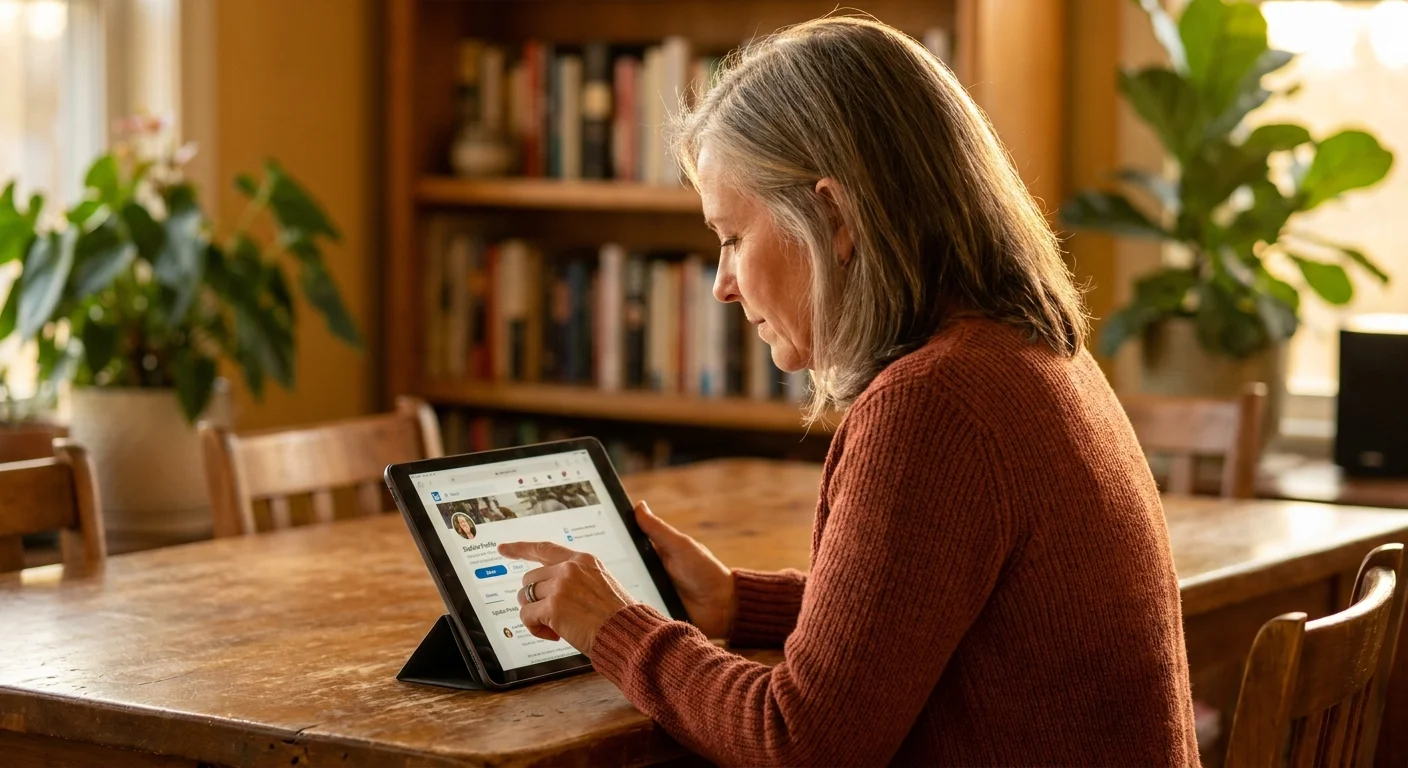 A woman sitting at her dining table, using a tablet to update her professional profile for her second career.