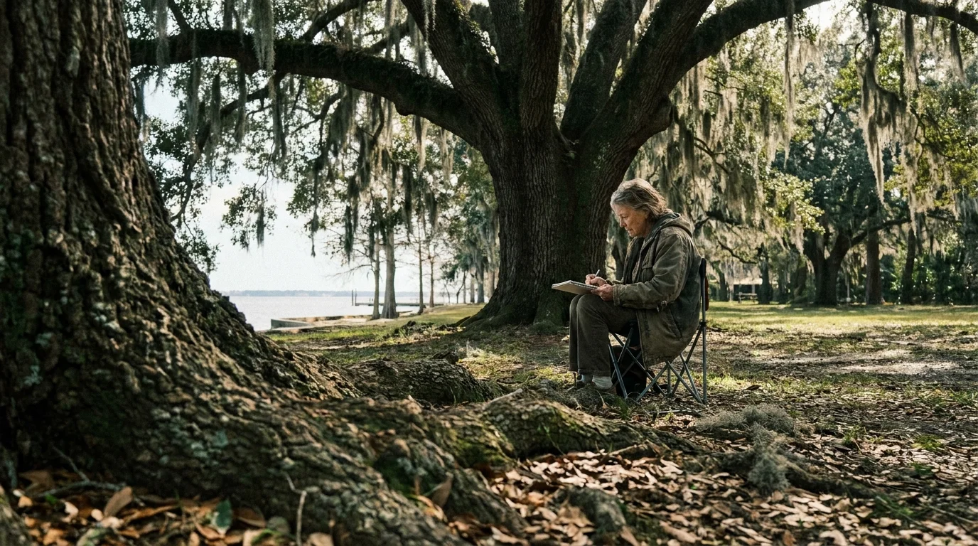 A woman sketches under a large live oak tree in a park overlooking the river in Pascagoula, Mississippi.