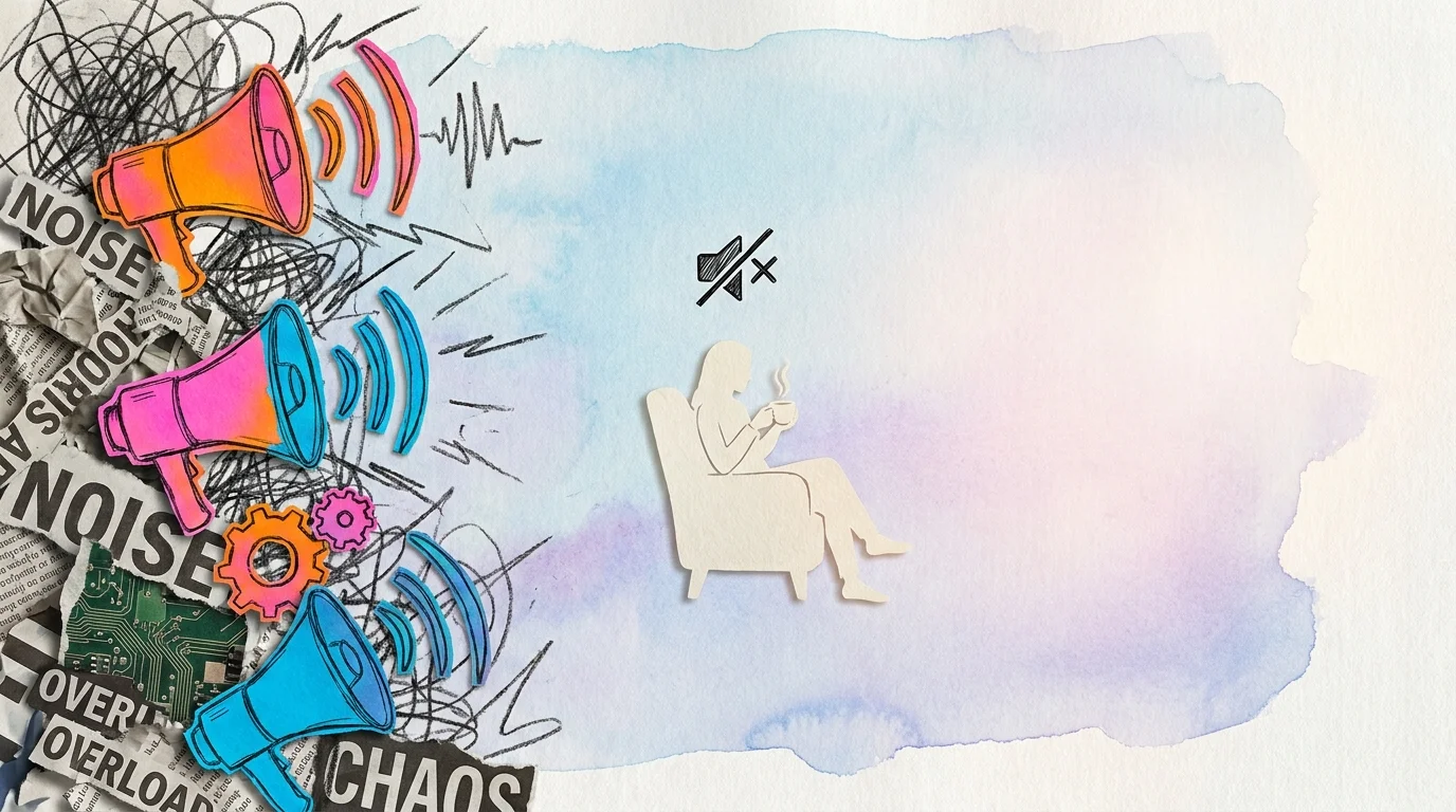 An abstract collage showing a chaotic, dark left side transitioning into a peaceful, soft blue space with a person resting.