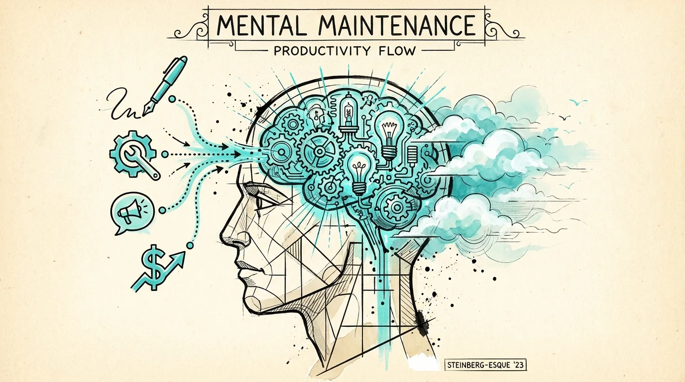 An abstract illustration of a human mind being powered and kept sharp by various work-related symbols.