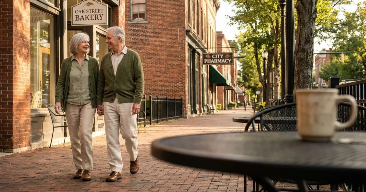 An active senior couple walks down a beautiful, tree-lined historic street with brick buildings and a bakery in the background.