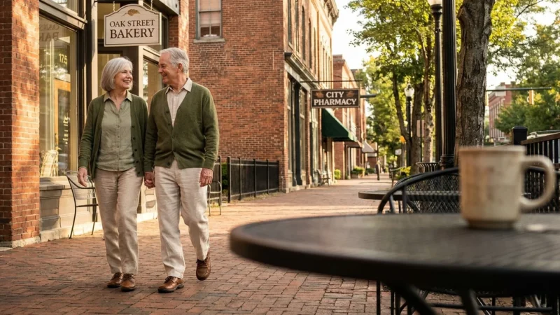 An active senior couple walks down a beautiful, tree-lined historic street with brick buildings and a bakery in the background.