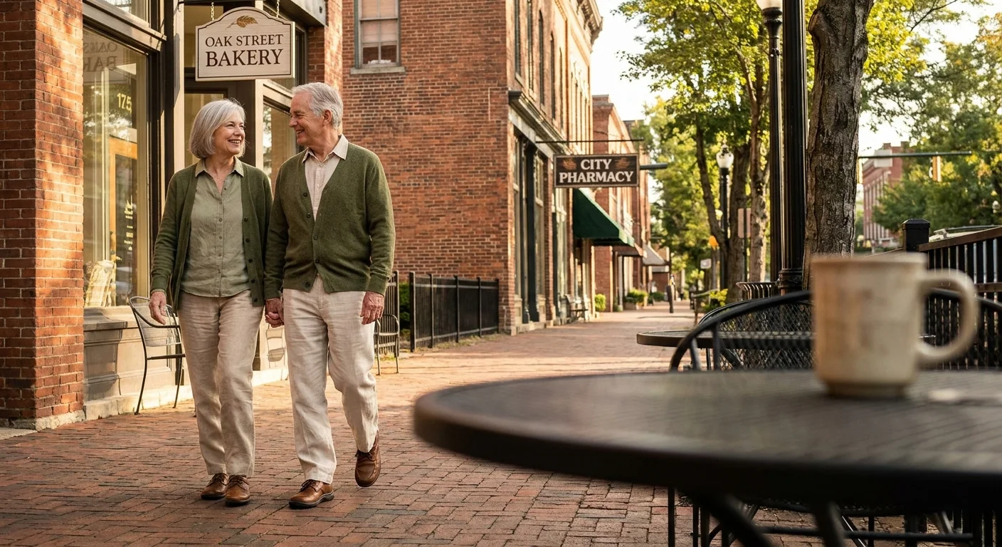An active senior couple walks down a beautiful, tree-lined historic street with brick buildings and a bakery in the background.