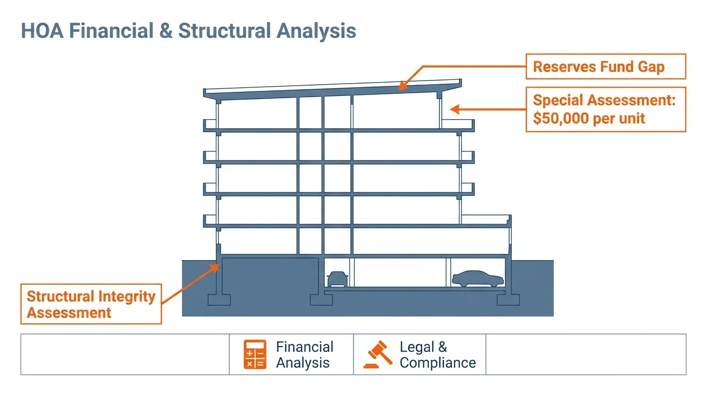 An architectural diagram of a condo building with callouts for structural assessments and high special assessment fees.