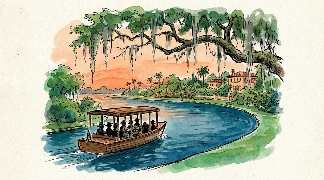 An artistic illustration of a boat on a calm lake with Spanish moss-covered trees in Winter Park, Florida.