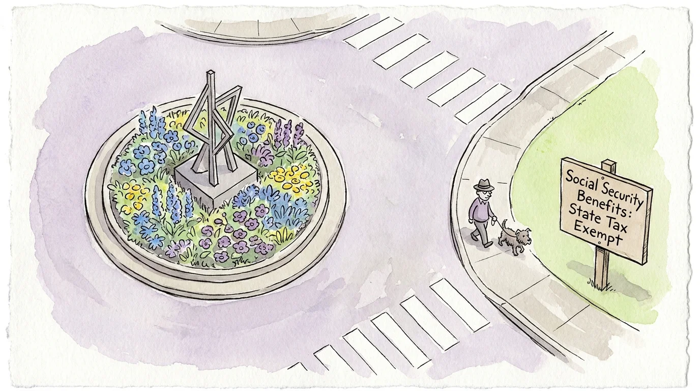 An artistic illustration of a landscaped roundabout in Carmel, Indiana, with a sign noting tax benefits for Social Security.