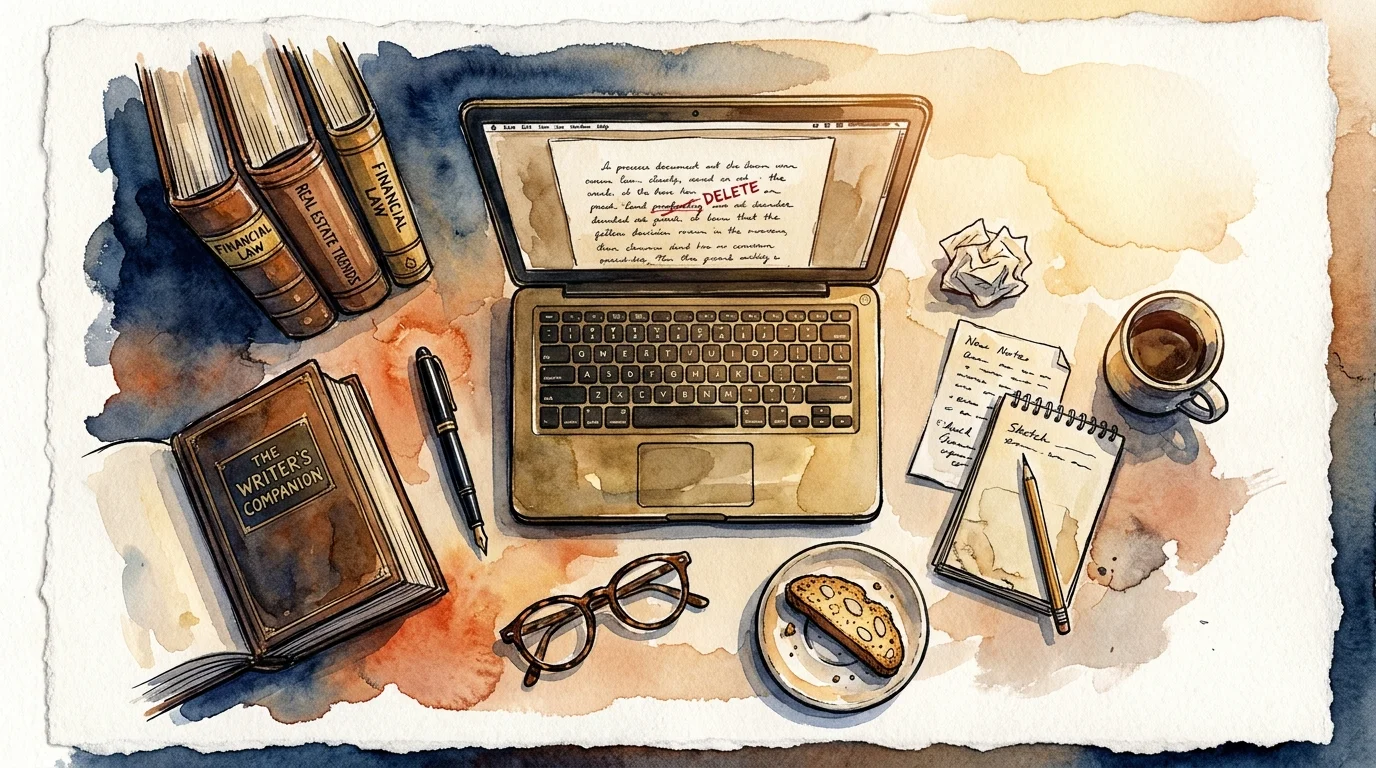 An artistic watercolor illustration of a writing desk with a laptop, books, and coffee, representing freelance writing.