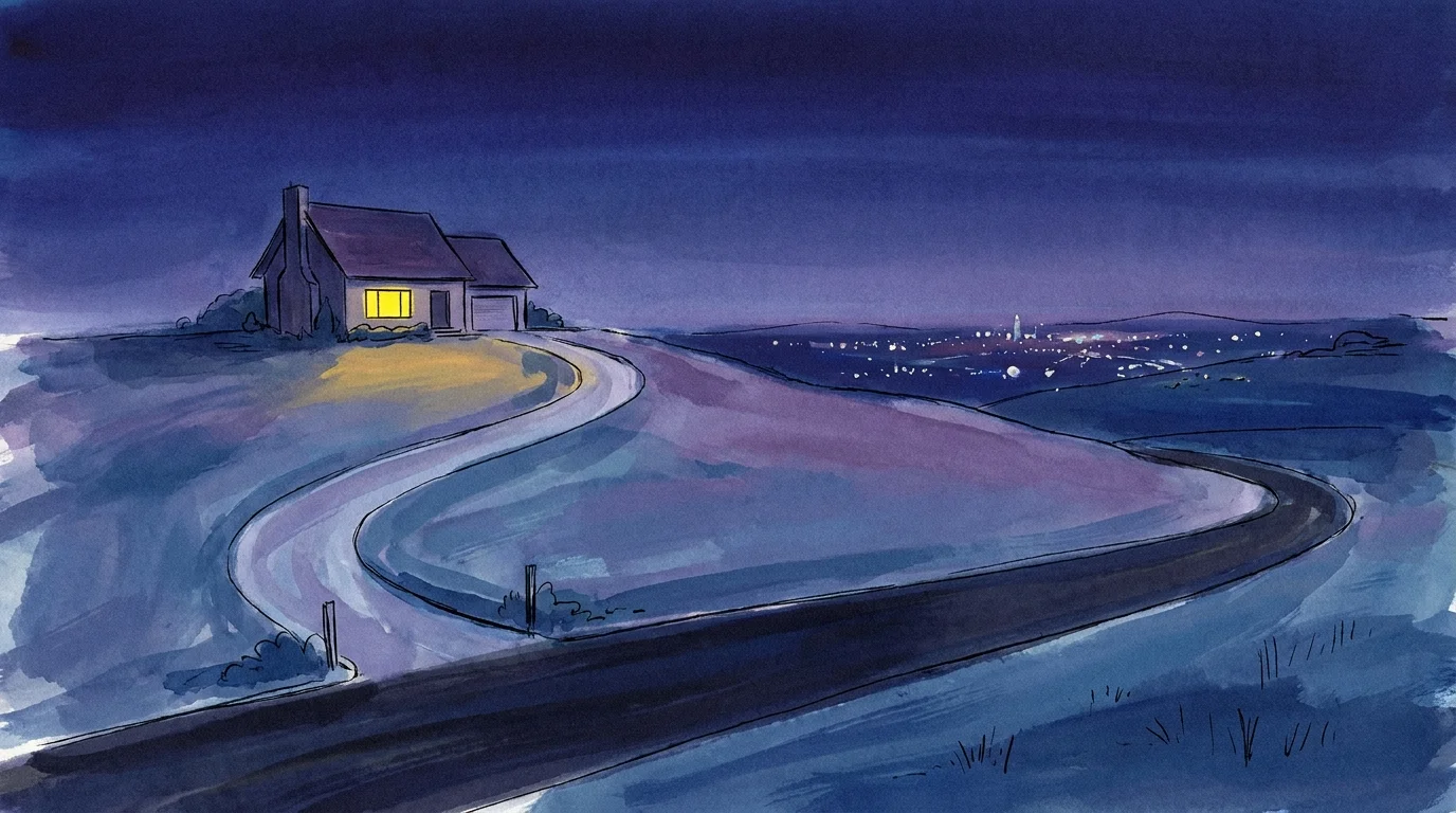 An atmospheric illustration of a lone house on a hill, far away from the distant lights of a town.