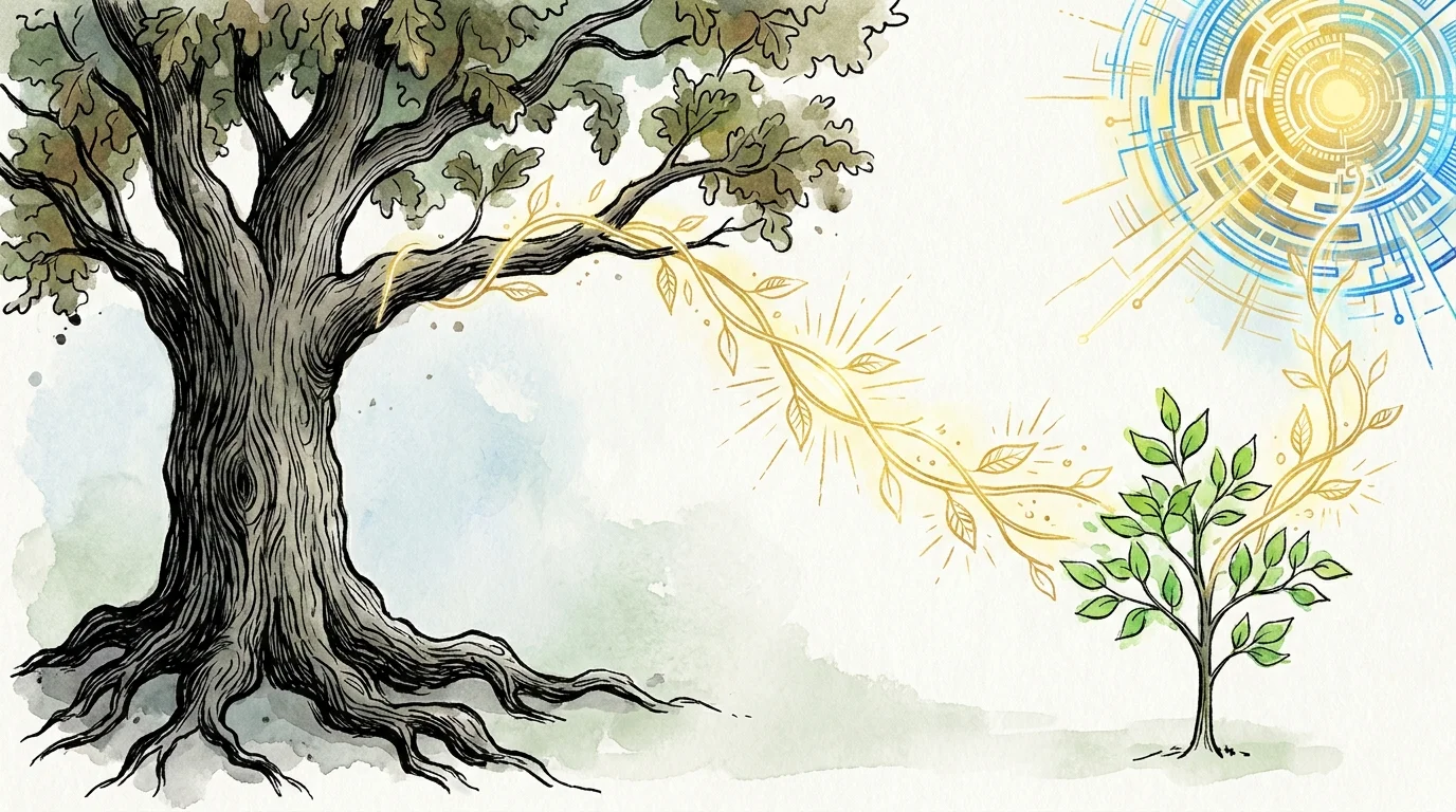 An editorial illustration of a young sapling helping a large oak tree reach a digital sun, symbolizing reverse mentoring.