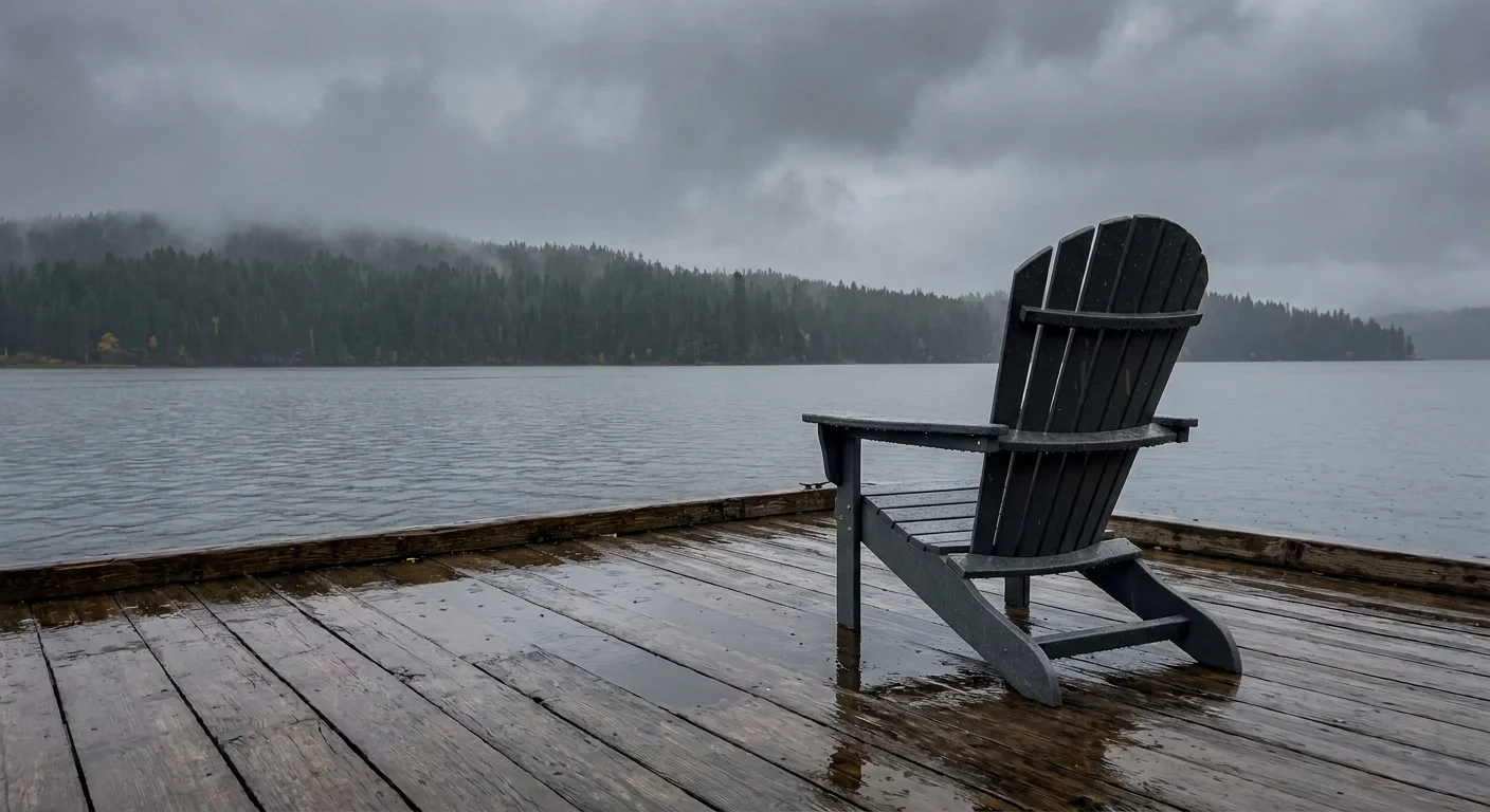 An empty chair on a wet dock overlooking a misty, gray Lake Coeur d'Alene on a rainy day.