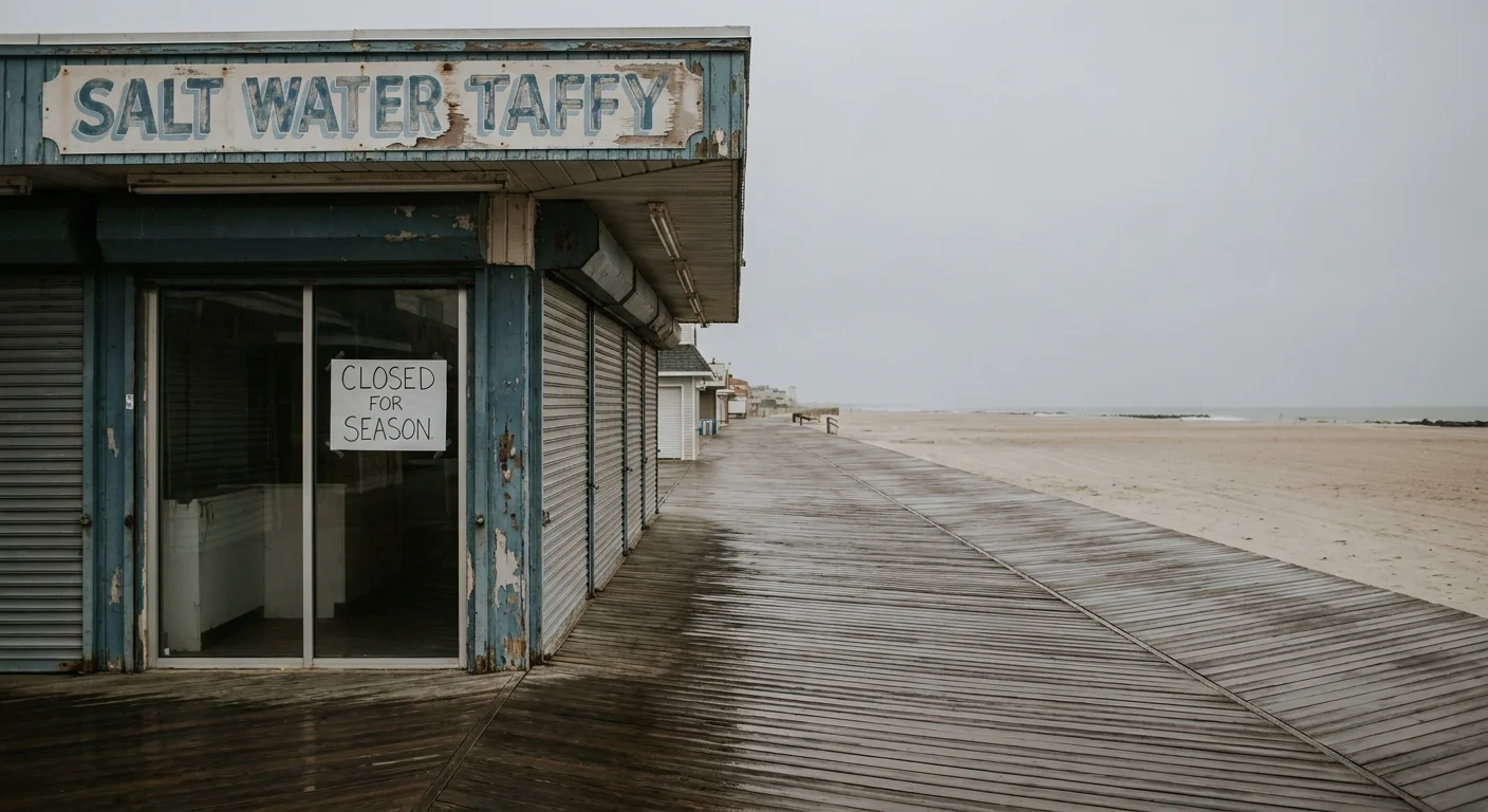 An empty, shuttered boardwalk in Rehoboth Beach during the gray off-season months.