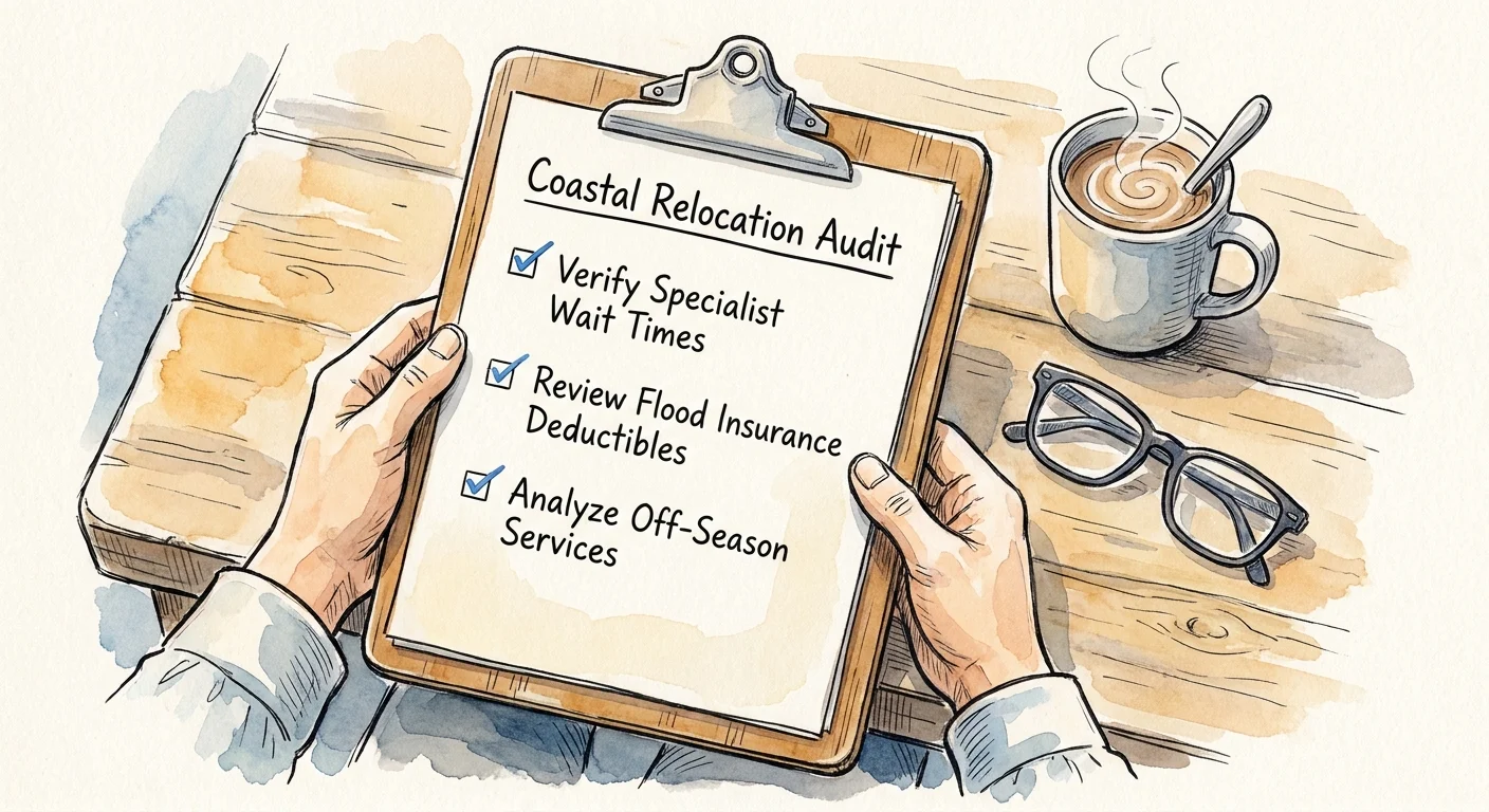 An illustrated checklist titled 'Coastal Relocation Audit' with keys to avoiding retirement pitfalls.