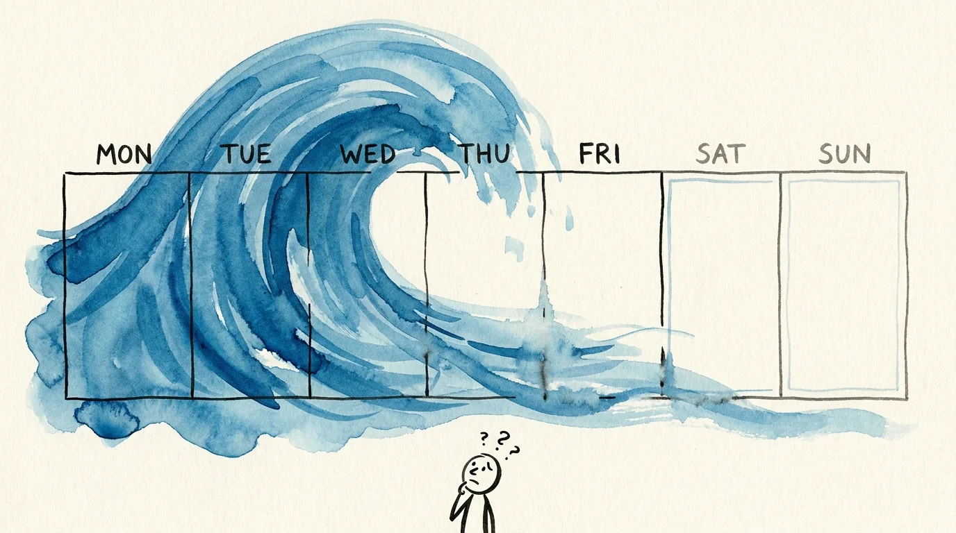 An illustration of a calendar where the weekdays are being washed away by a wave, leaving only empty space.