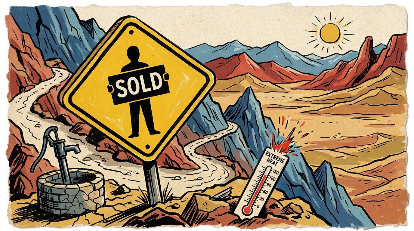 An illustration of a caution sign on a mountain trail with icons of a dry well and extreme heat.
