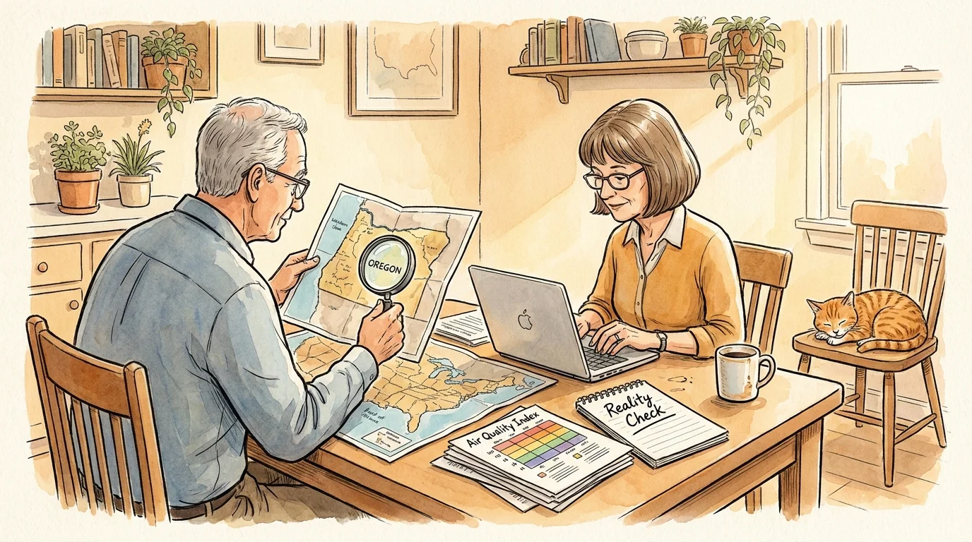 An illustration of a couple at a kitchen table researching maps and air quality charts for their move.