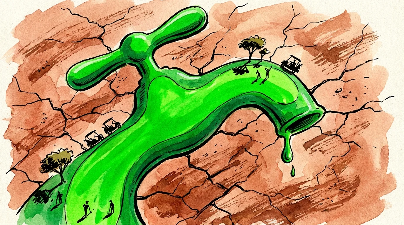 An illustration of a green golf course shaped like a water faucet surrounded by dry, cracked desert land.