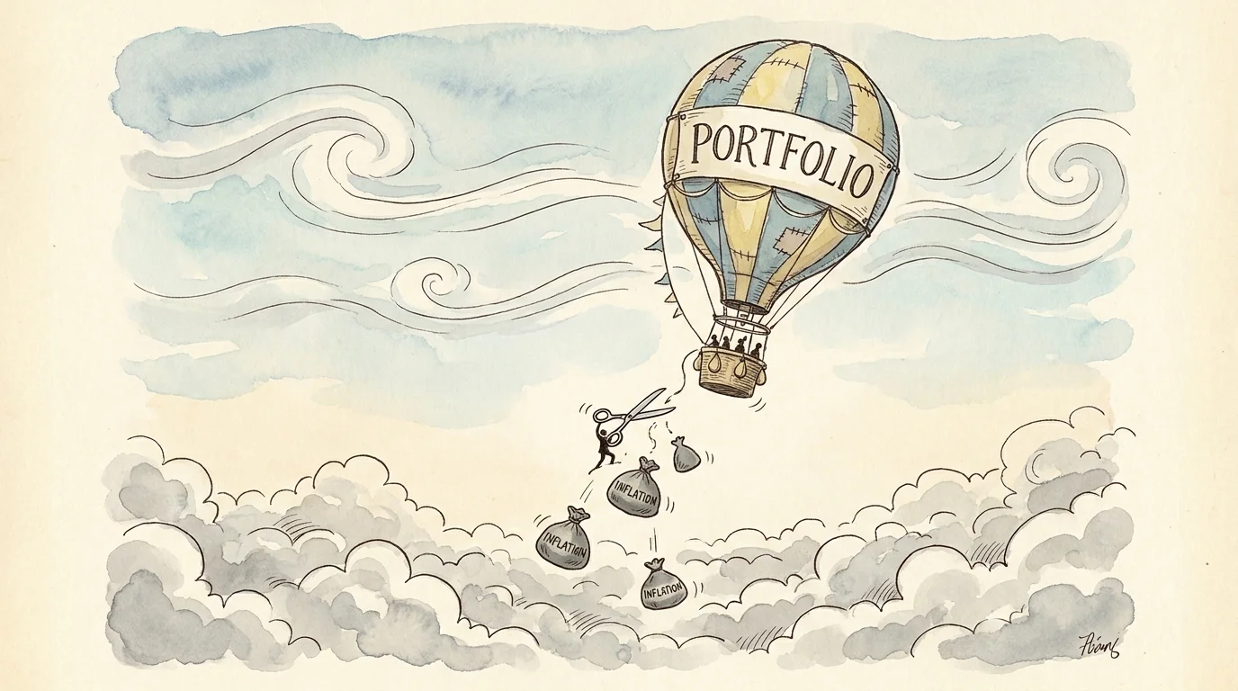 An illustration of a hot air balloon labeled Portfolio rising while weights labeled Inflation are cut away.