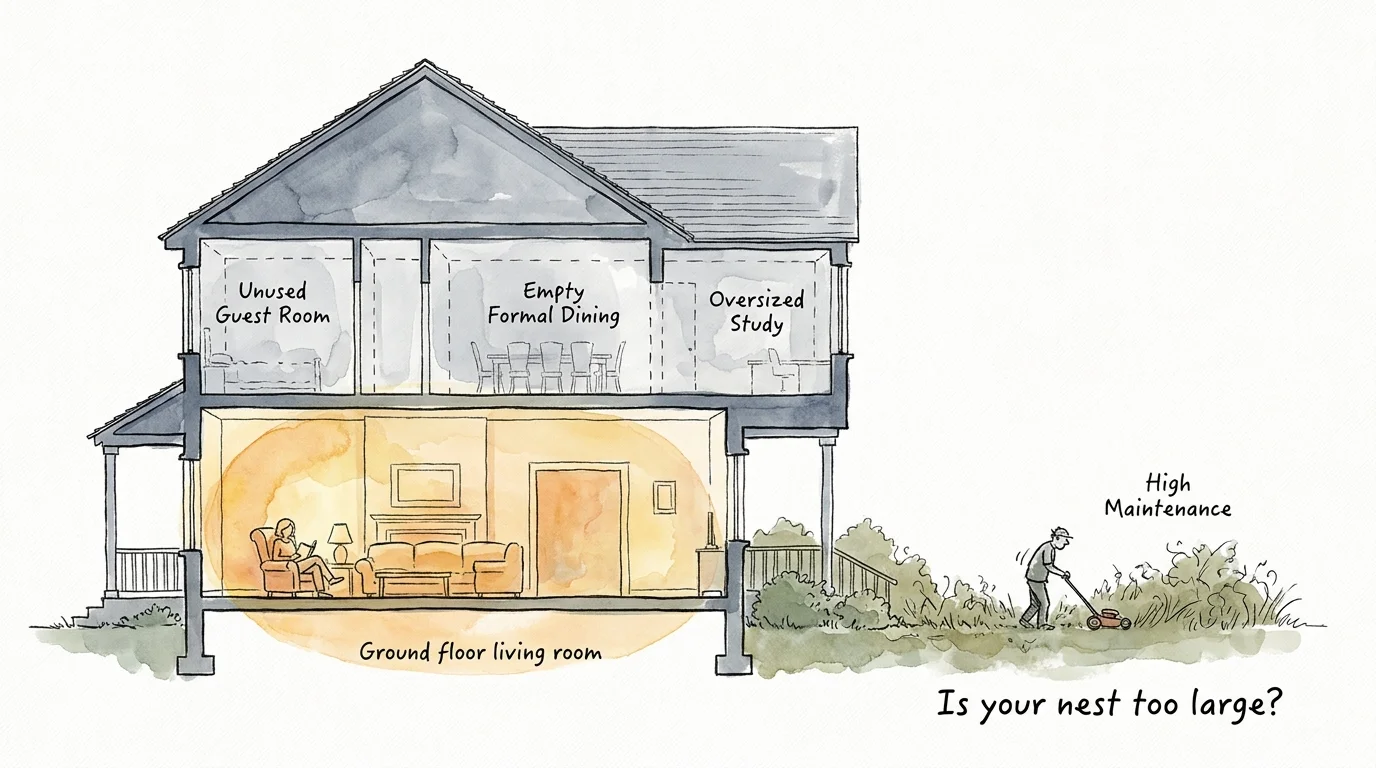 An illustration of a large house where only the first floor is in color, while the rest of the house and yard look gray and overwhelming.