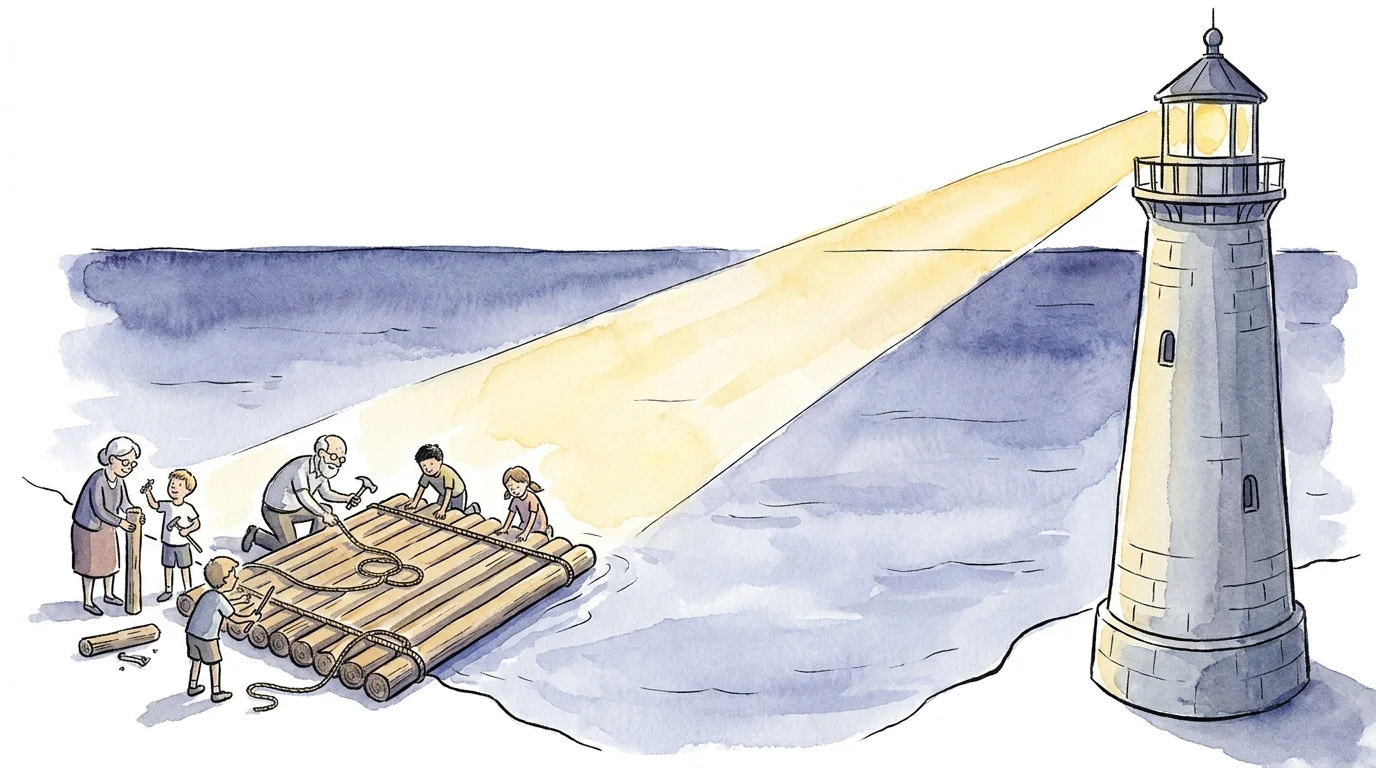 An illustration of a lighthouse guiding a family on a raft, symbolizing the need for professional help in complex matters.