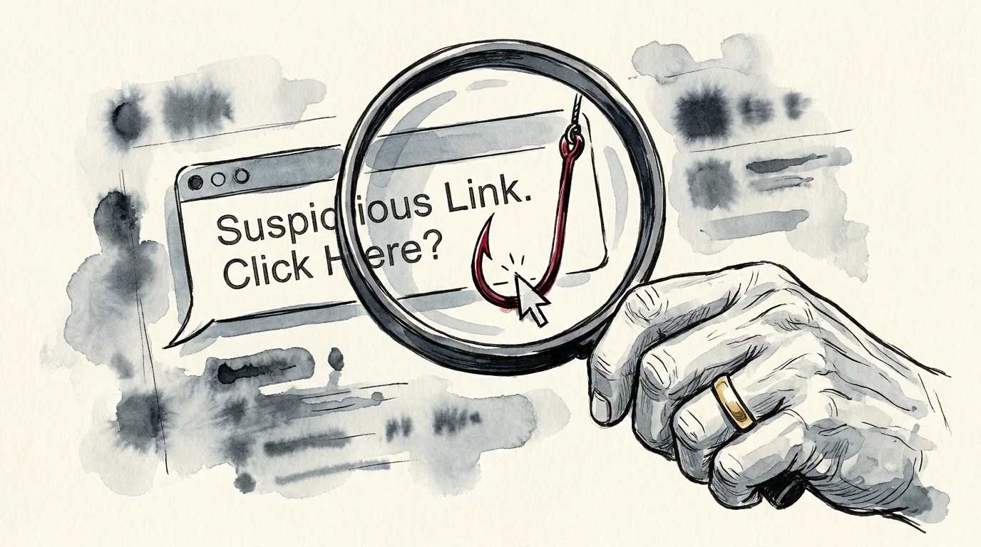 An illustration of a magnifying glass revealing a fishing hook hidden inside a digital text message.
