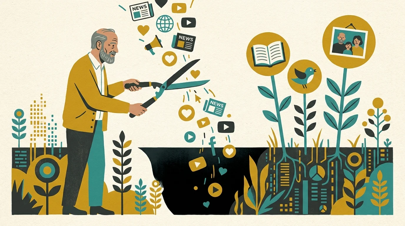 An illustration of a man pruning a digital garden of icons to curate his own information feed.