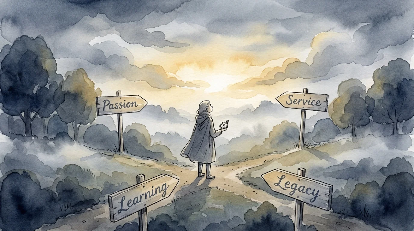 An illustration of a person at a misty crossroads with signs pointing toward Passion, Service, Learning, and Legacy.