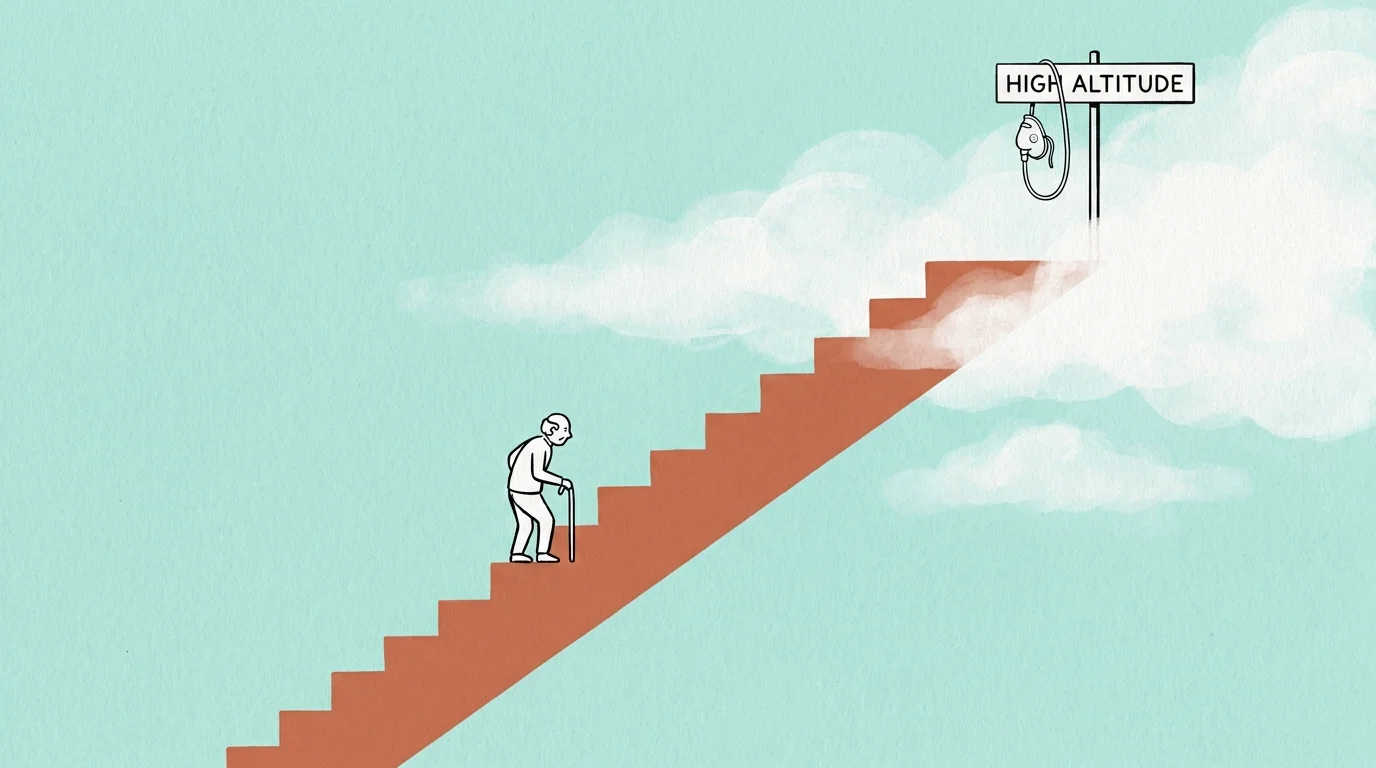 An illustration of a person climbing stairs into the clouds with an oxygen mask hanging at the top.