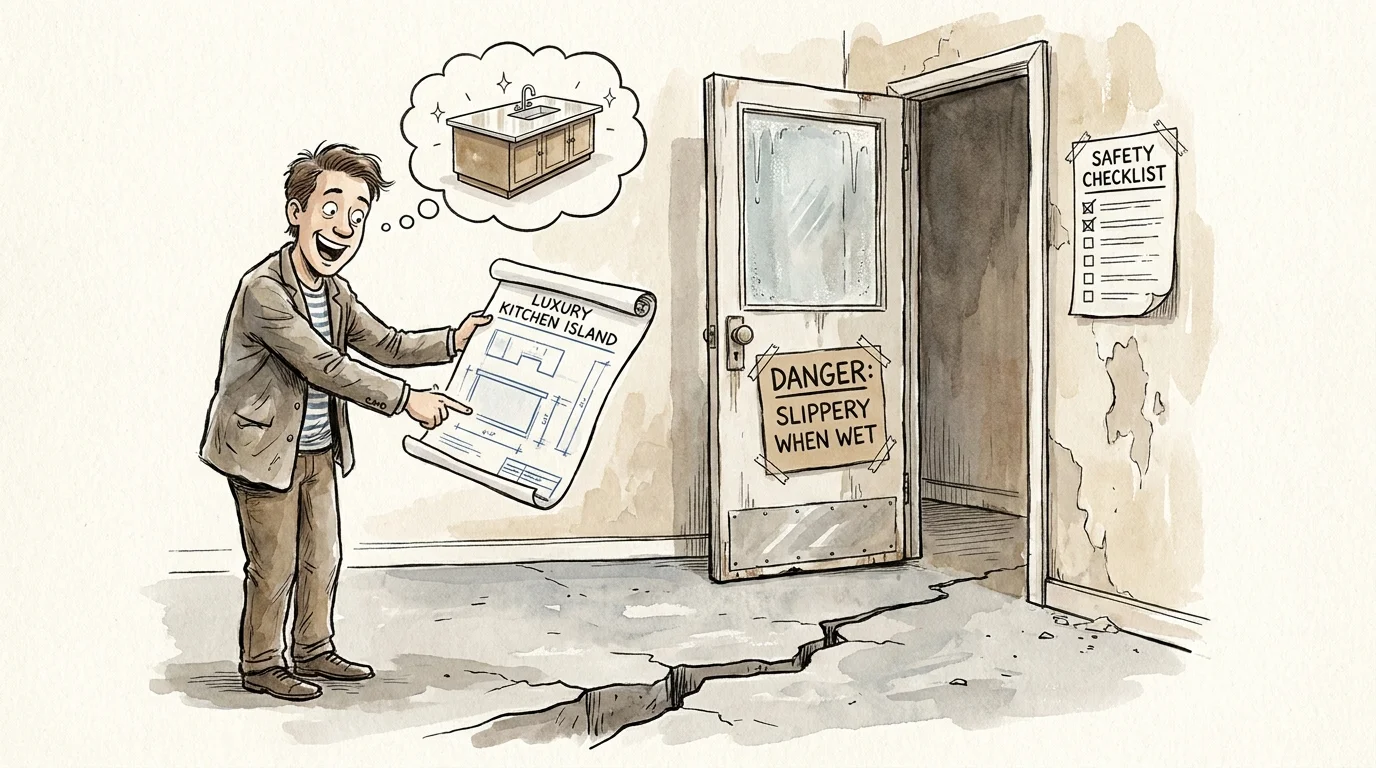 An illustration of a person planning a luxury kitchen renovation while ignoring obvious safety hazards in the bathroom.