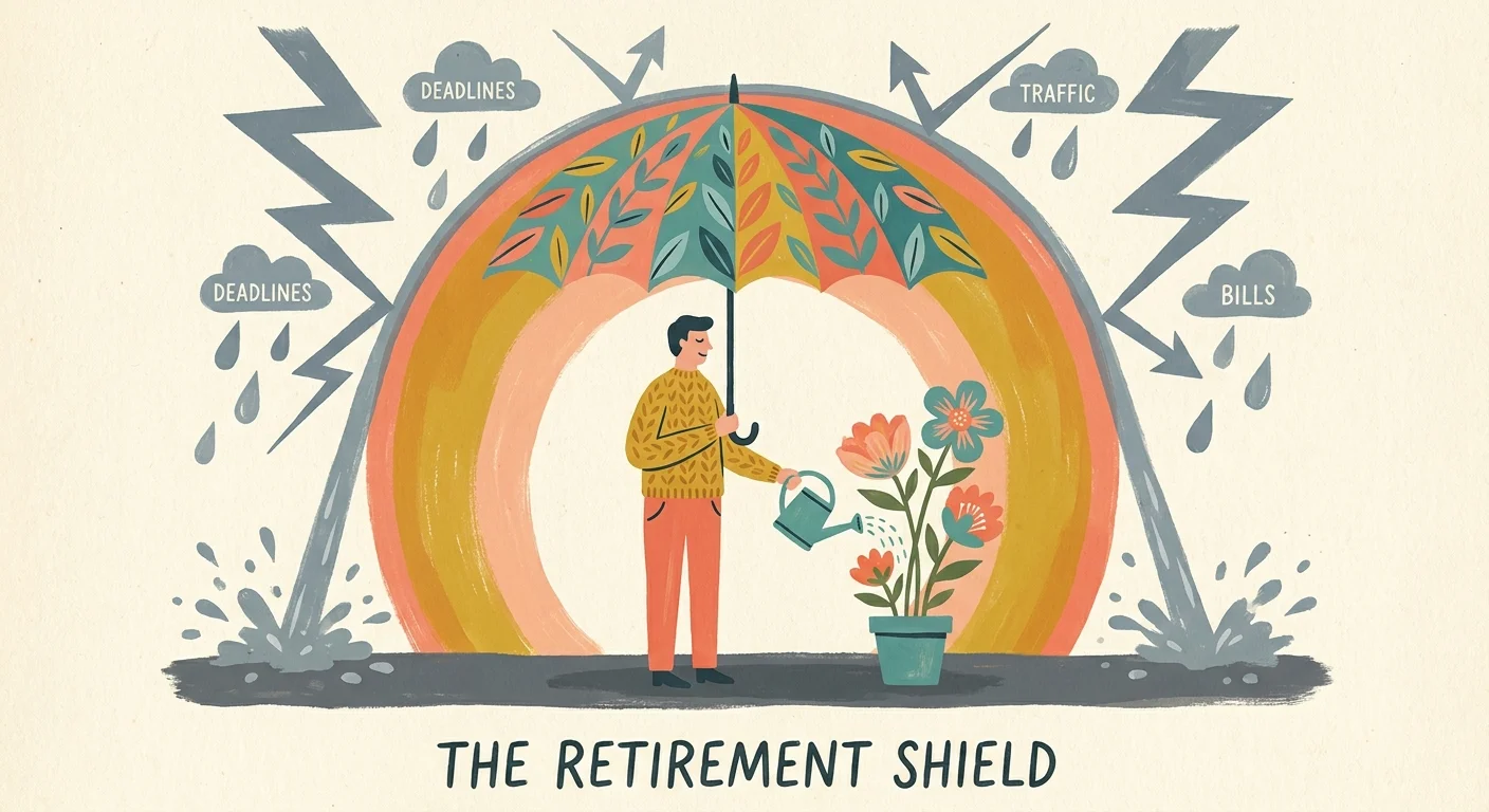 An illustration of a person shielded by a large umbrella from workplace stress symbols, focused on a flower.