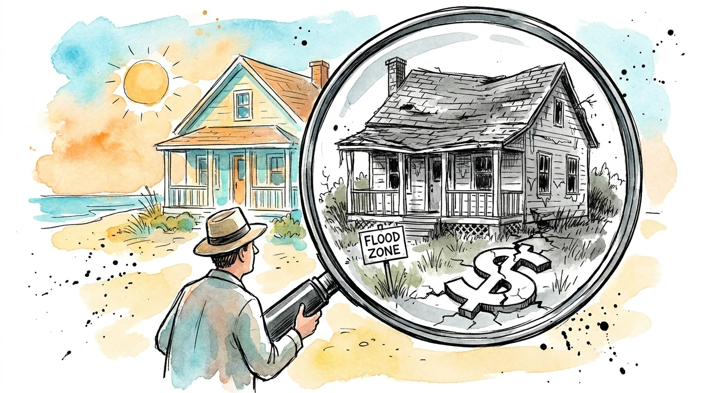 An illustration of a person using a magnifying glass to see the hidden flaws and costs in a seemingly perfect beach house.