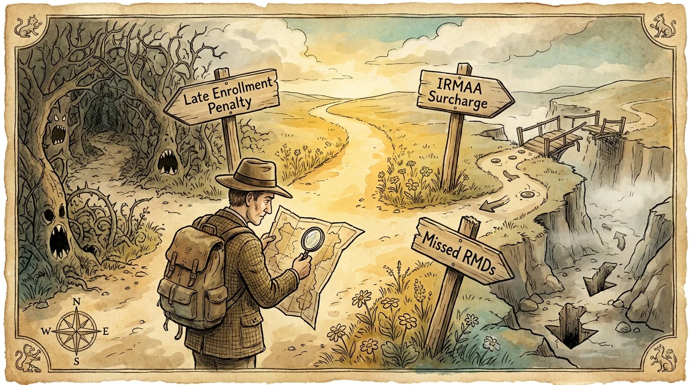 An illustration of a retiree at a crossroads with signs for 'IRMAA Surcharges' and 'Late Penalties,' looking at a map.
