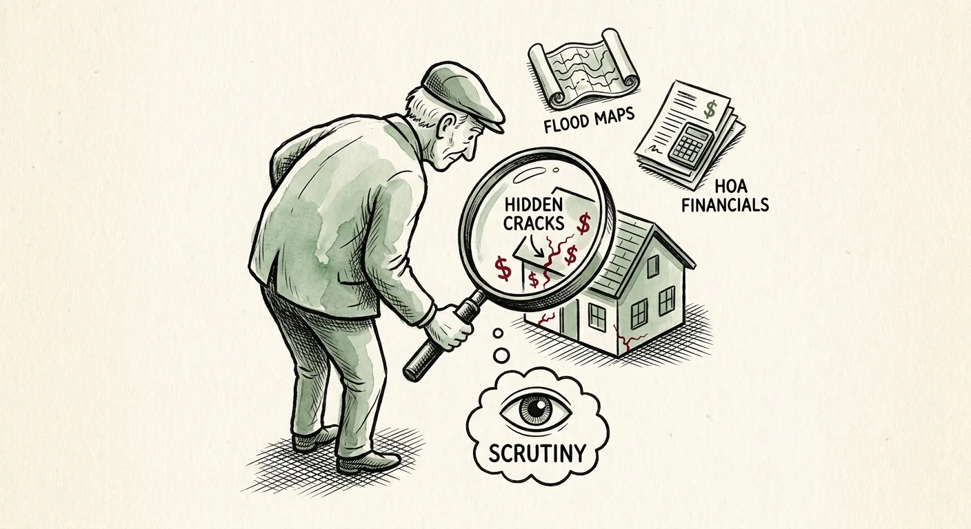An illustration of a retiree using a magnifying glass to find hidden costs like flood risks and HOA debt in a coastal home.