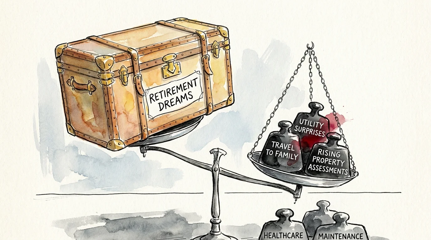 An illustration of a 'Retirement Dreams' trunk being weighed down by hidden costs like utilities and travel.