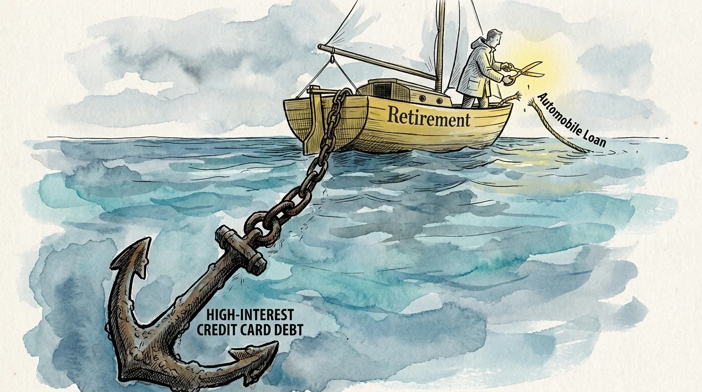 An illustration of a retirement sailboat held back by a heavy anchor labeled 'Credit Card Debt'.