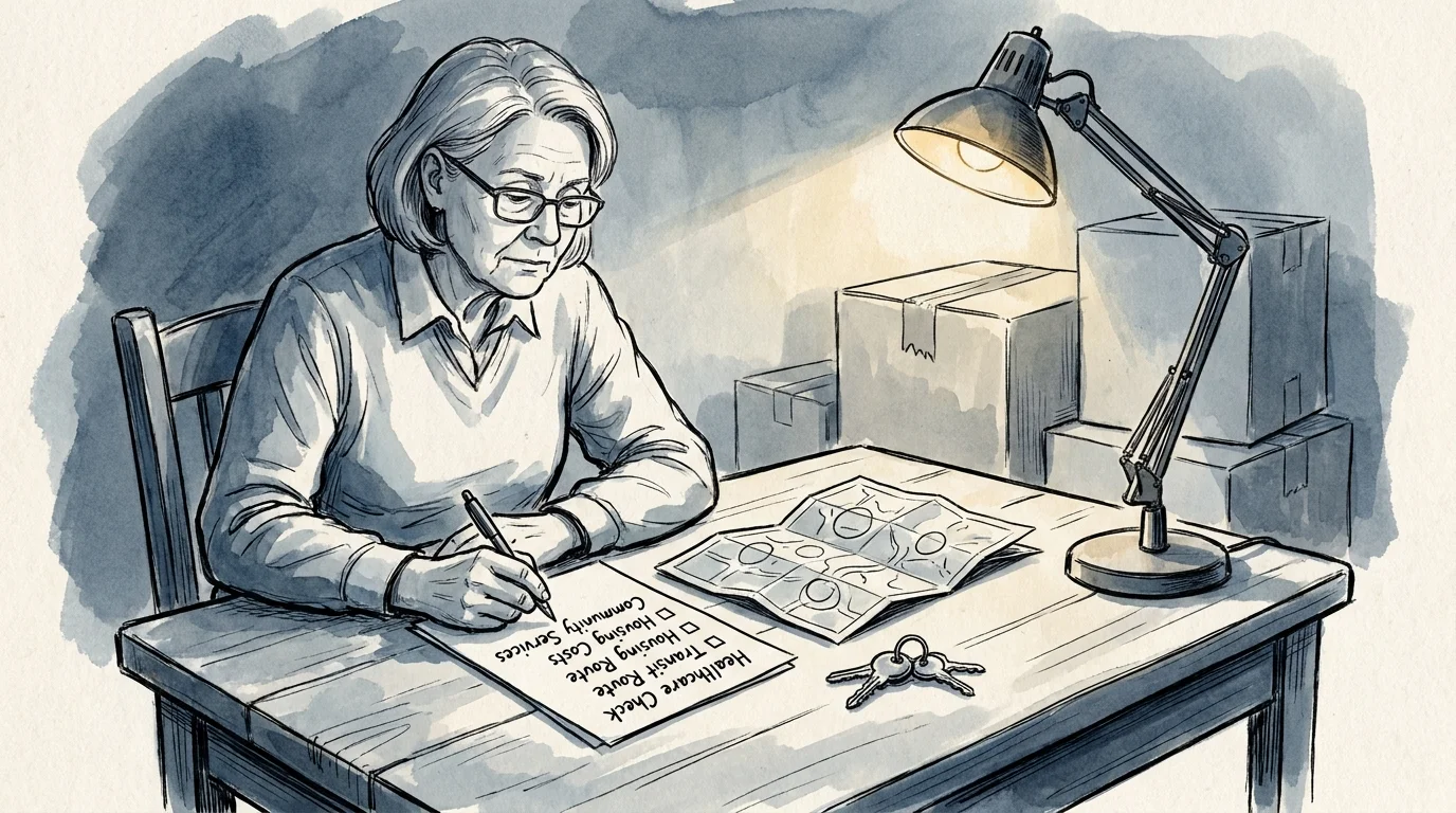 An illustration of a senior carefully reviewing a relocation checklist near moving boxes and a town map.