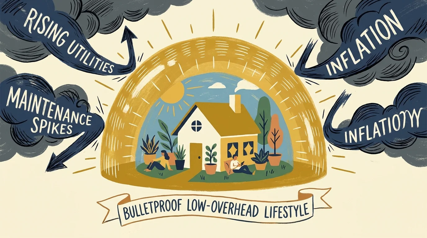 An illustration of a small home protected by a golden shield from a storm of rising costs and inflation.