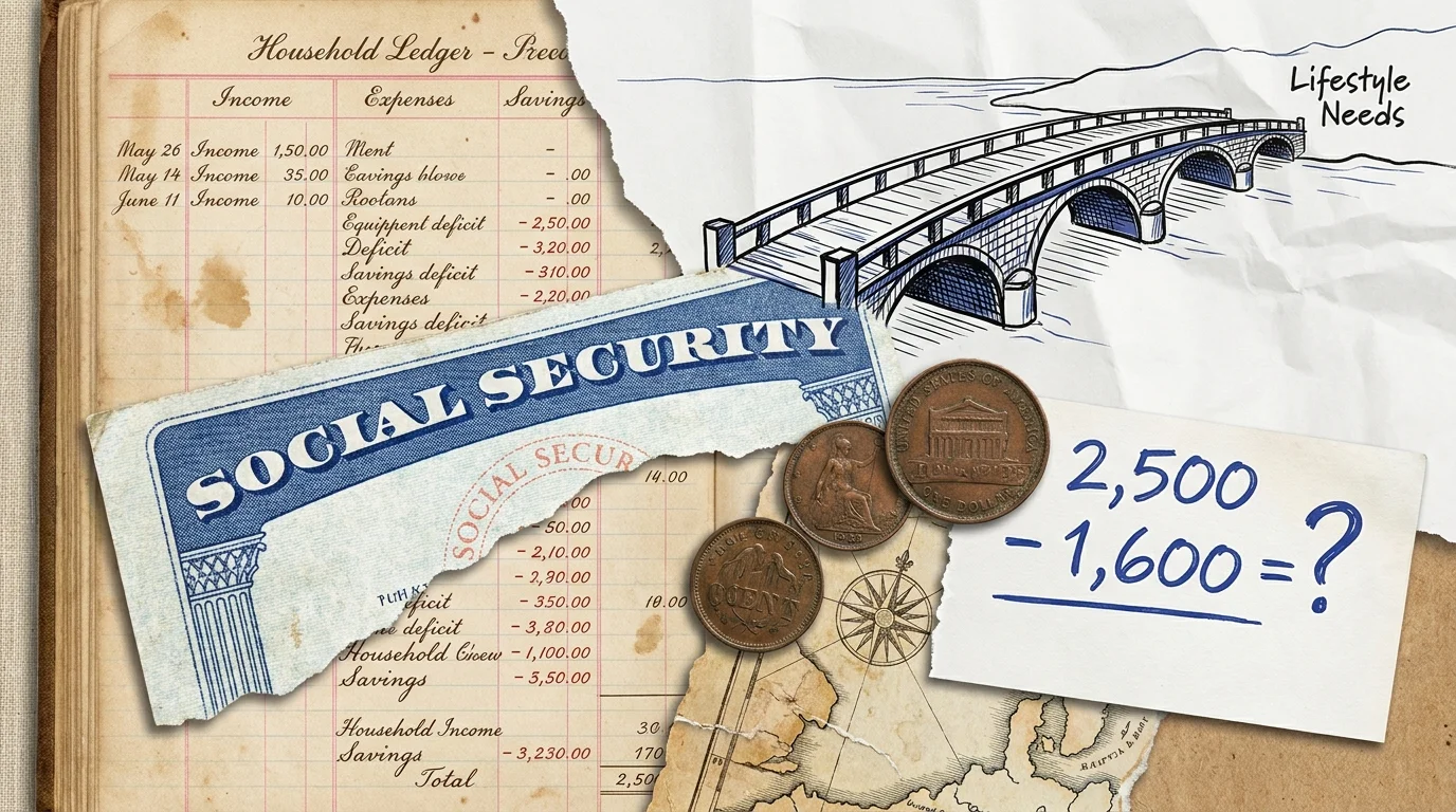 An illustration of a Social Security check and a bridge that doesn't quite reach a shore labeled 'Lifestyle Needs'.